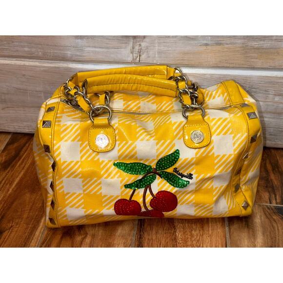 Betsey Johnson yellow Plaid Cherry Sequin tote Purse betseyville - Picture 2 of 16